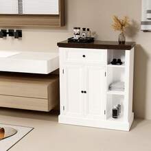 OYAJIA Rustic White Farmhouse Storage Cabinet With Doors,Drawer & Adjustable Shelves - Heavy-Duty Particleboard Construction, 75x30x80cm Freestanding Cupboard With 3cm Thick Top, 3.2+ Cubic Feet Capacity For Living Room, Kitchen, Entryway - Easy Assembly - White - View 10