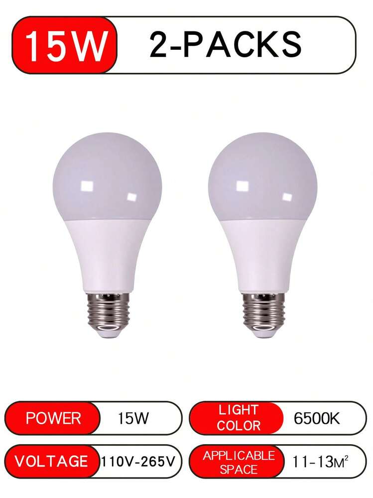 2pcs 7/9/12/15W E27 LED Bulbs, Cool White 6500K, 180W Equivalent, 2500LM , Non-Dimmable High Lumen Lighting For Shops, Garages, Warehouses - White Light Bulb - View 11