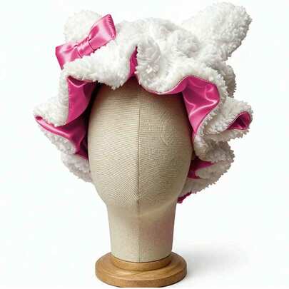 Christmas White Teddy Bonnet / Rose Red Satin Lining SatinLined Bonnet  No Frizz, All Comfort, Stylish Curl Protection For Daily Hair Care Curly Durable