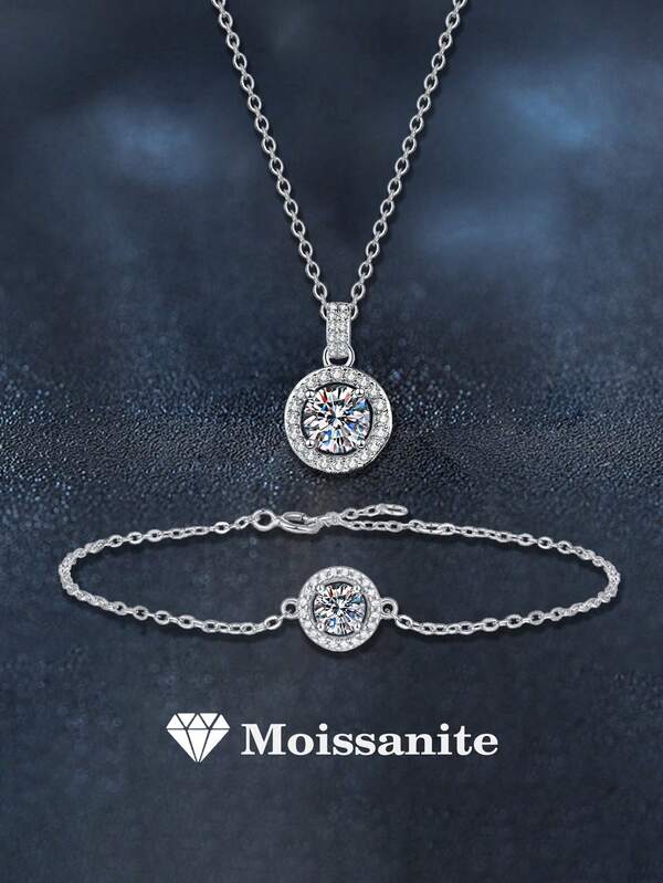 2 piezas Elegante y lujoso juego de pulsera y collar de plata de ley 925 con moissanita de 1.5 quilates, adecuado para ir al trabajo, fiestas, vacaciones, cumpleaños, San Valentín, Día de la Madre, aniversario de boda, Navidad, regalo de joyería para mujeres