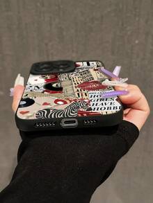 1pc Collage Style Red Lips, Zebra, Leopard, Playing Card, Letter Graphic Black Cat Eye Full Coverage Phone Case, Compatible With IPhone 11/12/13/14/15/16 Pro Max - Multicolor - View 4