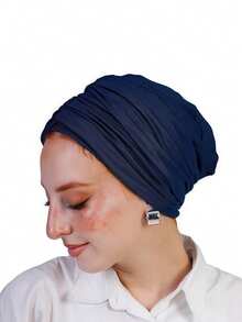 1pc Women's Classic 2-In-1 Instant Turban Headscarf & Headband, High Elasticity Pleated Design, Moisture-Wicking Jersey Fabric, Suitable For Muslim Daily Life And Outings - Navy Blue - View 4