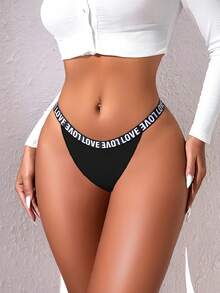 1 buah Celana Dalam Thong Wanita dengan Teks Kustom & Desain Sabuk "LOVE", Kain Elastis Hitam, Nyaman & Menawan, Celana Dalam Thong Seksi yang Dipersonalisasi - MultiWarna - View 3