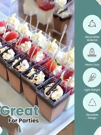 5盎司方形塑料甜点杯，25/50/100个装，带盖，适用于派对、酸奶芭菲/开胃菜，迷你甜点杯，带勺，可盛装布丁、慕斯、酸奶、芭菲、冰淇淋、水果冰淇淋等，适合婚礼、派对、下午茶等场合。