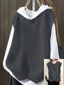 Plus Size Casual Solid Color Crew Neck Knit Sweater Vest - Dark Grey - View 1