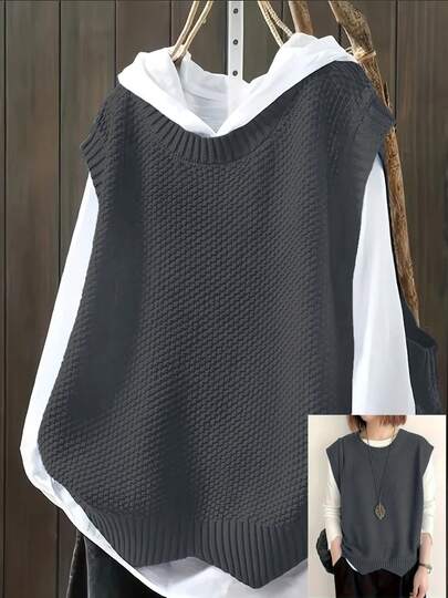 大码休闲纯色圆领针织毛衣背心