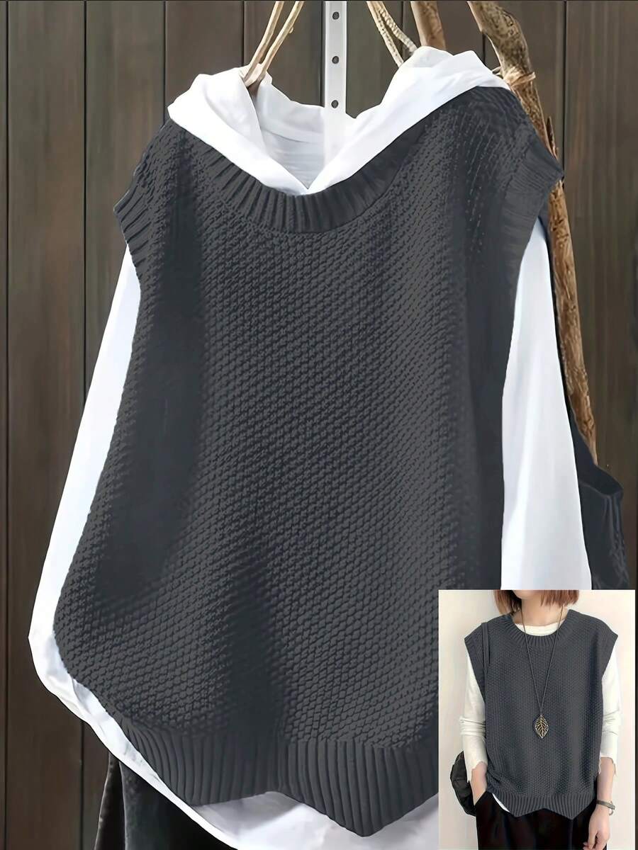 Plus Size Casual Solid Color Crew Neck Knit Sweater Vest - Dark Grey - View 1
