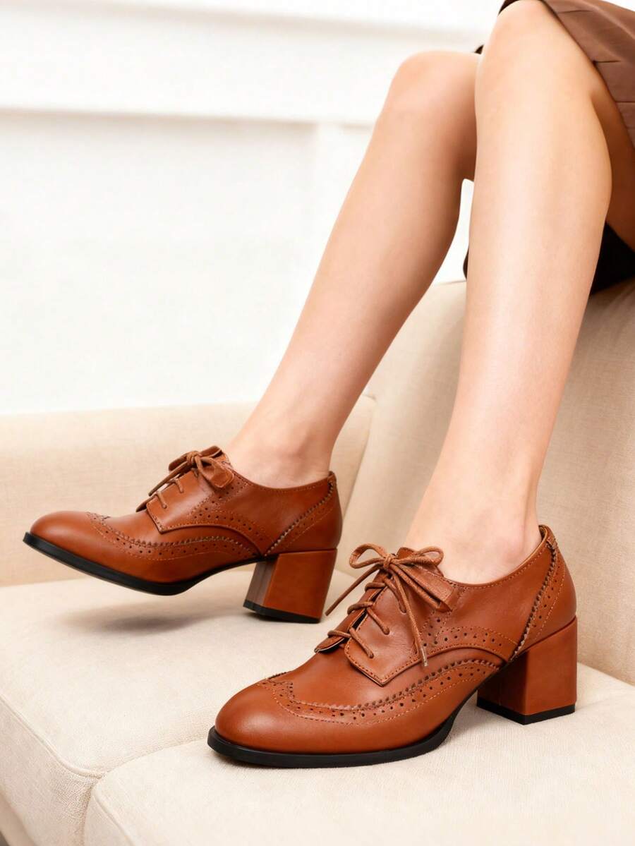 Oxfords Women High Heels And Single Shoes Ladies' Business Loafers Shoes Lace Up Fashion Cool Luxury Outdoor Fall Dress Shoes - màu nâu - Xem 1