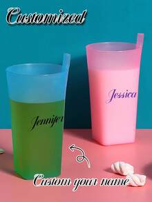 4pcs/Set Customized Plastic Water Cups With Built-In Straws, 12.17oz Portable Drinking Cups, Random Colors, Personalized Tumblers For Parties And Family Gatherings - Multicolor - View 7