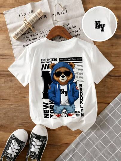 Young Boy Summer Casual Bear Slogan Print Short Sleeve T-Shirt
