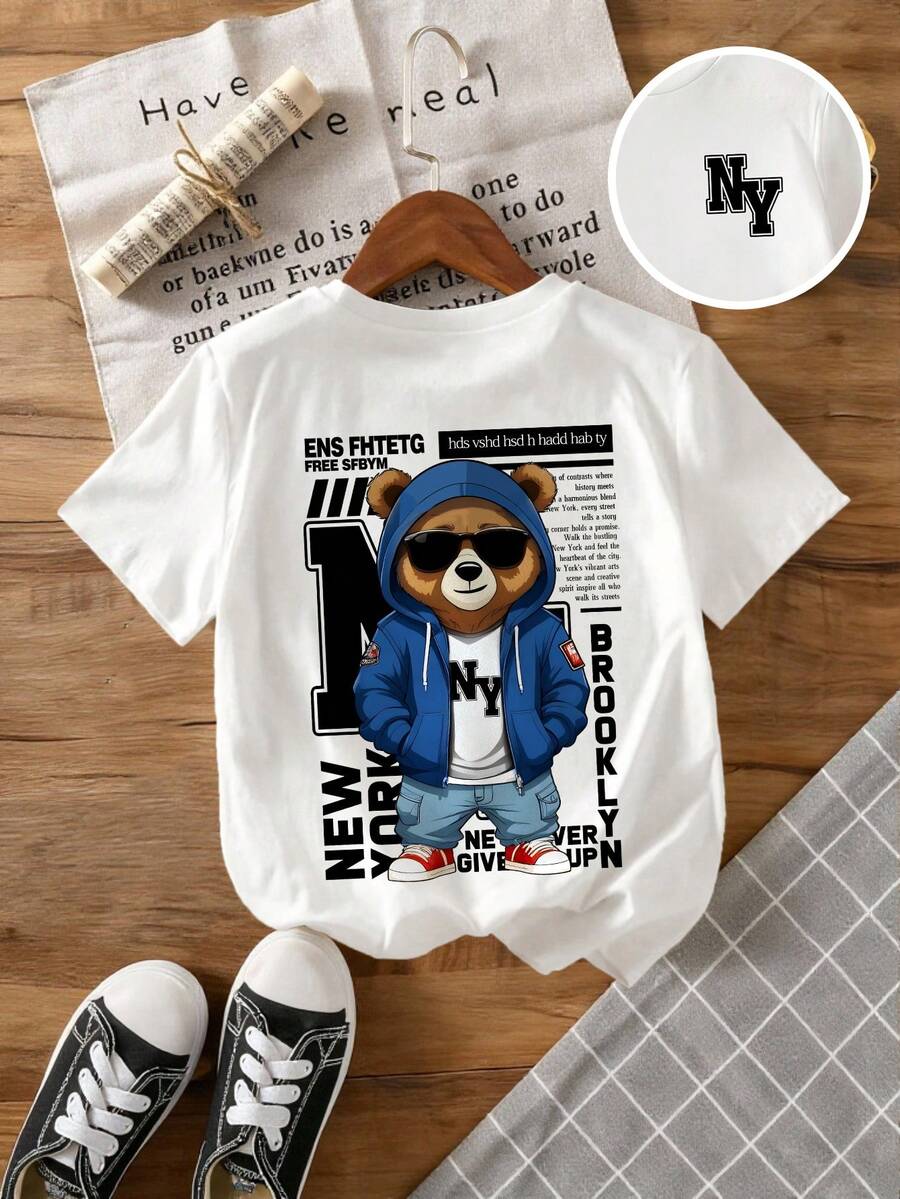 Young Boy Summer Casual Bear Slogan Print Short Sleeve T-Shirt - White - View 1