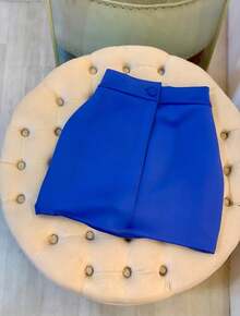 Elegant Women's Neoprene Short Skirt With Button - Style - 藍色 - 查看 1