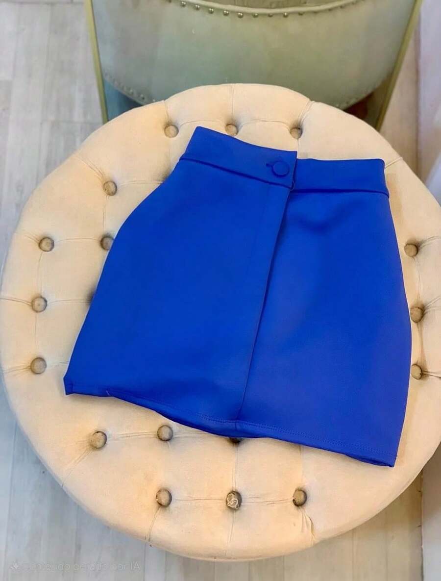 Elegant Women's Neoprene Short Skirt With Button - Style - 藍色 - 查看 1