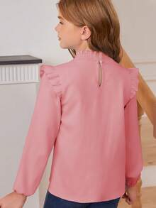 Blibean Tween Girls' Loose Solid Color Ruffle Trim Stand Collar Blouse, Back To School Season - Pink - View 2