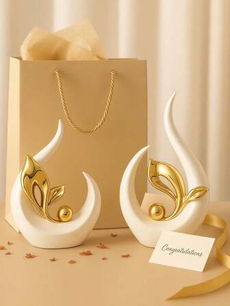 Vitt och guld abstrakt skulpturset – Moderna dekorativa ornament för heminredning, entré, vardagsrum, present till lärare, par, mamma, Thanksgiving och högtidsdisplay