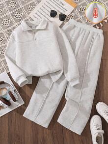 Left Mama 2pcs Girls Solid Color Long Sleeve Sweatshirt And Straight Leg Pants Set, Casual And Warm For Autumn/Winter - Grey - View 1