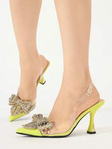 Women's Rhinestone Bow Decor Pointed Toe Closed Toe Slingback High Heel Shoes, Elegant & Comfortable, Suitable For Formal Occasions Like Parties, Weddings, Galas, All Seasons, Yellow PVC Transparent High Heels - Yellow - View 3