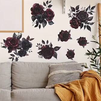 1pc Vintage Dark Rose Wall Sticker, Intertwined Deep Red And Black Floral Pattern, Suitable For Bedroom, Living Room, New Year Party, Valentine's Day Decoration