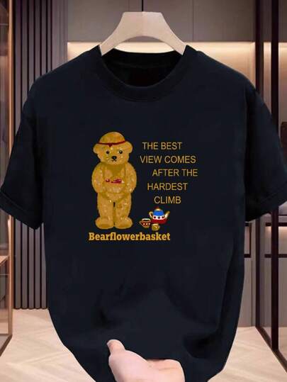 T-shirt gráfica ursinho inspirador homem - "A melhor vista vem após a subida mais difícil" Cita??o, pelúcia amarelo com gravata vermelha e óculos, t-shirt casual manga curta para o ver?o, camiseta de urso