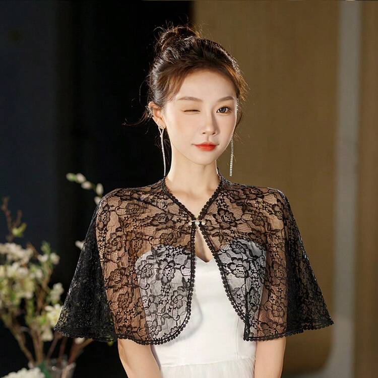 一件优雅白色蕾丝新娘披肩 - 复古花卉蕾丝短外套，婚纱配饰，薄纱蕾丝新娘罩衫，短袖蕾丝披肩，精致细节，完美适用于新娘婚礼和正式场合 - 彩色 - 查看 6