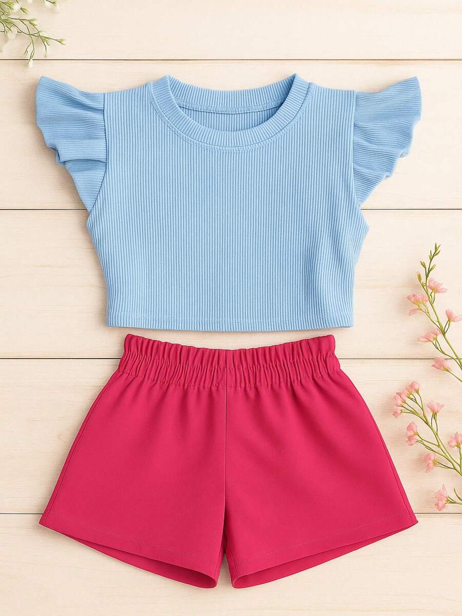 Conjunto Infantil Cropped Frufru Babado + Shorts Alfaiataria CJI042 - Pink e Azul Bebê - Visão 1