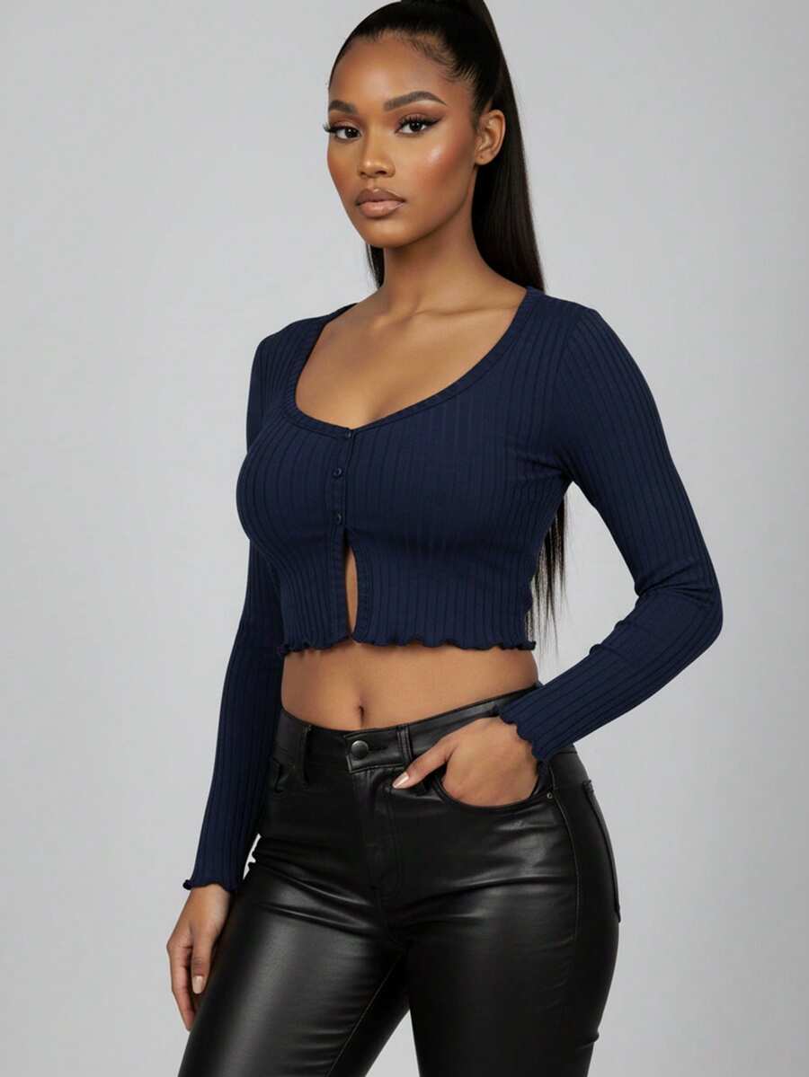 Women's Casual Rib-Knit Crop Top With Lettuce Trim Long Sleeves And Fake Buttons Sexy Round Neck Design - Hải quân - Xem 1