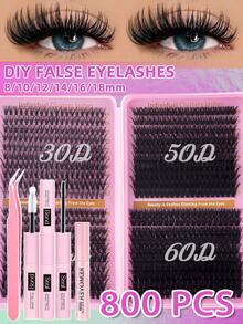 800pcs Cluster Eyelashes Set, D-Curl Flared Effect Mixed DIY Eyelash Extension Kit, Soft Voluminous Individual Cluster Lashes For Natural Fluffy Look, Pink Base Card, DIY Lashes For Home Use, Long-Lasting Beauty Eyelash Cluster Set - Multicolor - View 5