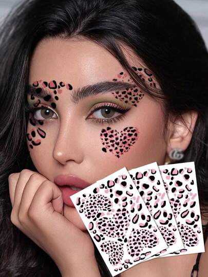 粉色豹纹贴纸，粉色爱心豹纹图案脸部装饰临时纹身贴纸，DIY 嘉年华、情人节、派对节日适用，适用于手腕、脚踝、肩膀、脖子、锁骨，防水皮肤纹身贴纸