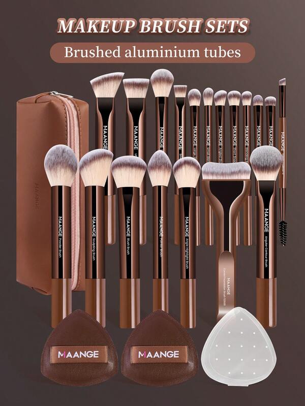 MAANGE 5pcs/17pcs/22pcs Makeup Tools Including 14pcs Makeup Brushes Set + 1pc Makeup Bag + 2pcs Air Puff Accessories Foundation Brush Blush Brush Loose Powder Brush Eyeshadow Brush Eyelash Brush Eyelash Brush Eyebrow Brush Lip Brush Halo Brush Concealer Brush Beauty Brush Kit Travel Makeup Brush Set Gift For Women & Girl