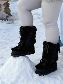 Faux Fur Boots For Women Winter Snow Boots Platform Lace Up Round Toe Boots Warm Snow Shoes Fluffy Winter Boots - màu đen - Xem 3