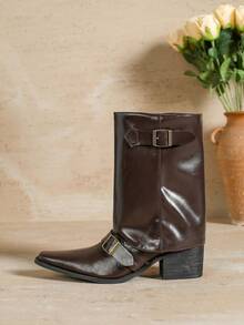 Botas de media caña con puntera puntiaguda, hebilla y tacón grueso de tacón alto para mujer, estilo vintage suave de cuero, nueva colección Otoño/Invierno 2025 - Café integral - Ver 5