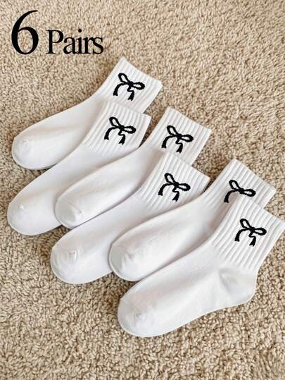 6双装女士船袜，带蝴蝶结，白色，保暖舒适，纯色设计，弹性袜口，防滑，柔软