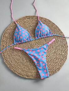 Women's Backless Tie-Up Bikini Set, With Heart Print And Thong, Casual Stretchy Swimwear - Blue - View 2