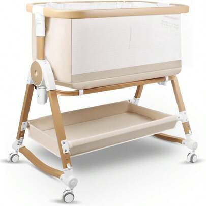 4 In 1 Baby Bassinet Co-Sleeper, 3-8° Incline Bedside Sleeper W/ Wheels And Storage Basket, Adjustable 7 Heights Rocking Toddler Baby Crib With Anti-Light Mosquito Net, Breathable Mesh Bassinet Cradle For Infant & Newborn Boys Girls As New Mother Valentine's Day Gift, Beige
