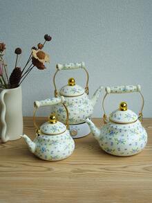 1 Set Of Fresh And Delicate Floral-Patterned Enamel Kettle With Ceramic Handle Suitable For All Seasons, Heatable (Can Be Used On Stovetops Or Other Heating Sources As Applicable) Multi-Functional: Can Be Used As A Water Kettle, Coffee Pot, Teapot, Or Cold Water Pitcher Serves As A Home Decorative Ornament An Ideal Gift For Festivals (E.G., Christmas, Spring Festival) And Birthdays For Relatives And Friends - Purple Floral - View 3