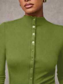 Women's Elegant Button-Up Casual Solid Color Vintage Slim Fit Sexy Top T-Shirt - Green - View 6