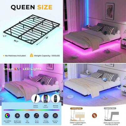 Floating Queen Bed Frame With LED Lights And USB Charging Station Metal Platform Bed Frame Queen Size No Box Spring Needed Steel Slat Port Anti-Noise Foam Stickers Easy To Assemble