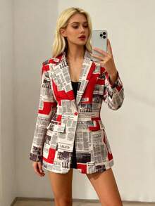 1 件女士报纸字母印花纽扣前口袋休闲西装外套，日常穿着，春秋季 - 彩色 - 查看 1