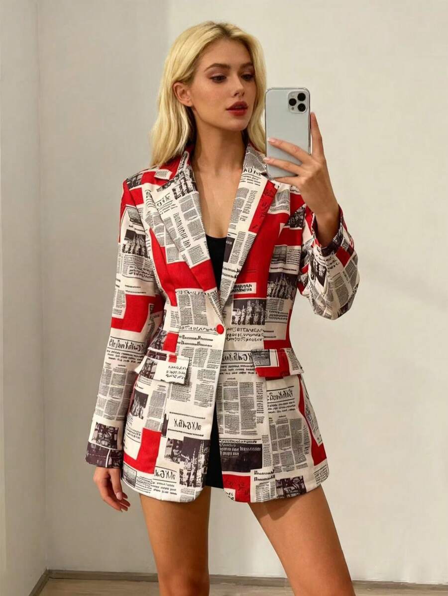 1 件女士报纸字母印花纽扣前口袋休闲西装外套，日常穿着，春秋季 - 彩色 - 查看 1