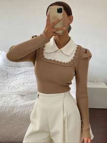 Livesso 法式彼得潘领叠穿上衣，二合一泡泡袖毛衣，女士秋冬款 - 駝色 - 查看 2