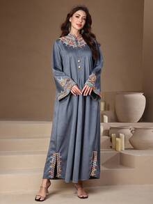 优雅刺绣阿拉伯风格连衣裙，Jalabia 开衩下摆长袖 V 领长袍，奢华刺绣设计卡夫坦长袍，2026 年秋冬 - 霧霾藍 - 查看 8