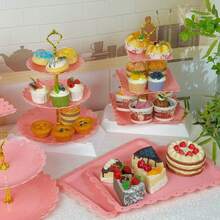 6 Pcs Cake Stand, Plastic Dessert Table Display Set, Three-Tier Shelf, Two-Tier Shelf And Dessert Tray Set. Suitable For Birthdays, Parties, Tea Parties. Black/White - Hồng - Xem 2