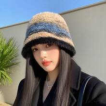 1pc, Striped Gradient Fisherman's Hat, Casual And Styling, Winter Warm Headwear, Autumn Fashion Accessory, Ladies' Soft And Warm Hat.