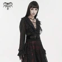 EVA LADY 一件哥特风V领系带衬衫，复古暗黑系派对装扮，秋冬款 - 黑色 - View 3