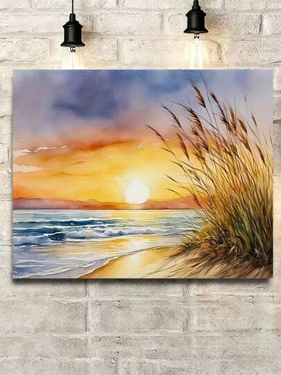 Sunset Beach And Reeds Scene DIY Paint By Numbers Kit For Adults, Unframed Acrylic Painting Set, Canvas Wall Art Home Decor, 15.75x19.69inch