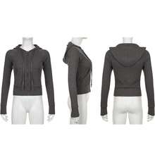 Sudadera con capucha y cremallera para mujer, de manga larga, corte ajustado, de punto acanalado, con bolsillos, chaqueta y abrigo - Gris Oscuro - Ver 5