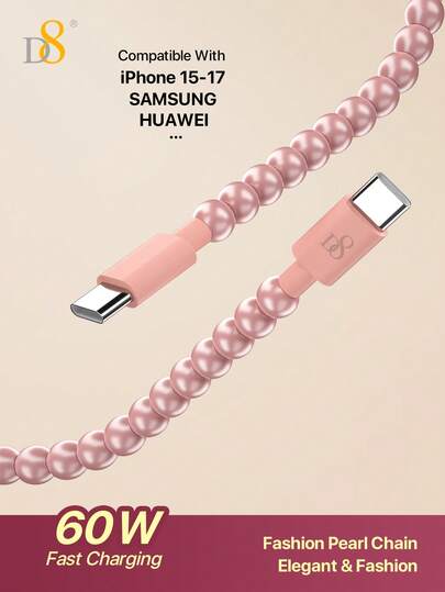 Cable USB C a USB C D8, (1m PD 60W) Cable de carga rápida tipo C a tipo C, cable trenzado con cuentas USB-C, compatible con Phone 16 Pro / Phone 16 Pro Max/15/15 Pro/15 Pro Max/15 Plus, iPad Pro, Air5, Air S22 Note 20 iPad Pro Tablets, etc. Mejor cable de carga USB C a USB C 60W PD para teléfono, cable USB C para carga rápida de teléfono e iPad, cable USB C trenzado con cuentas para MacBook