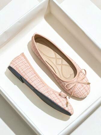 Damplattor, mångsidiga rosa rund tå, slip-on-balettskor med mjuk botten och rosett, bekväma slip-on-skor för promenader, höstens nya ankomst 2025