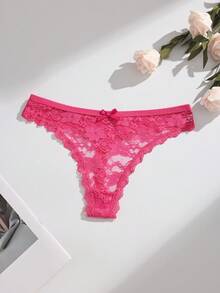 4pcs/Pack Women's Solid Color Sexy Lace Patchwork Thong Panties With Cute Bow, Seamless Stretchy Breathable Ladies Underwear
