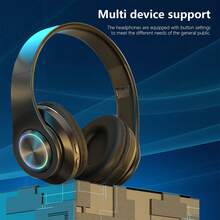 Wireless Headset, 5.2 Subwoofer Stereo, Game Music And Sports Dual-Mode Headset, With LED Lighting Effect, Adjustable, Long Battery Life Compatible Mobile Phone/Computer Multifunctional Headset - 黑色 - 查看 4